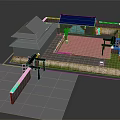 Cartoon Style Traditional Chinese Courtyard Scene With Gray Roof Blue Eaves And Brick Walls