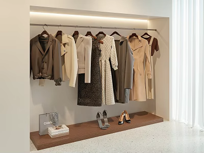 Trendy Clothes Hanging On Wall Mounted Hangers With Shoes And Bags On Lower Shelf 3d model