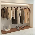 Trendy Clothes Hanging On Wall Mounted Hangers With Shoes And Bags On Lower Shelf