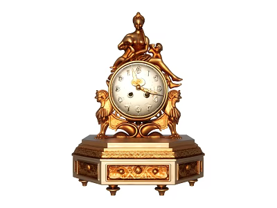 Ornate Golden Mantel Clock With Female Statue Lion Accents And Decorative Base 3d model