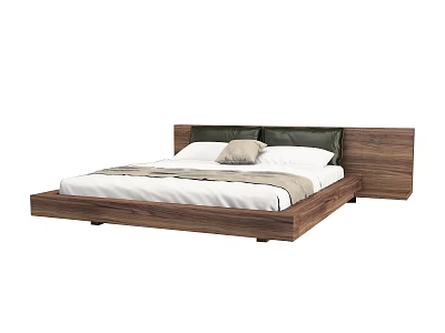 Minimalist Modern Double Bed Frame with Wooden Base and Leather Headboard and Soft Pillows 3d model