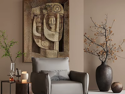 Cozy Gray Accent Chair with Throw Pillow Near Abstract Painting and Decorative Vase 3d model