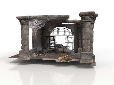 Ancient Stone Archway Structure With Iron Gate Pillars Cobwebs And Debris 3d model
