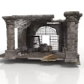 Ancient Stone Archway Structure With Iron Gate Pillars Cobwebs And Debris 3d model