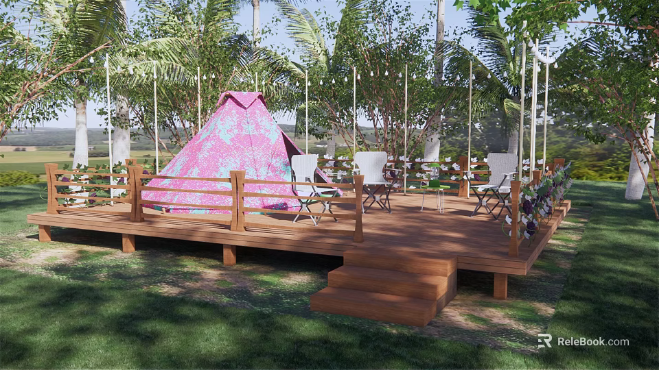 Garden Landscape Featuring Pink Tent Wooden Deck Chairs Trees And String Lights On Grass 3d model 
