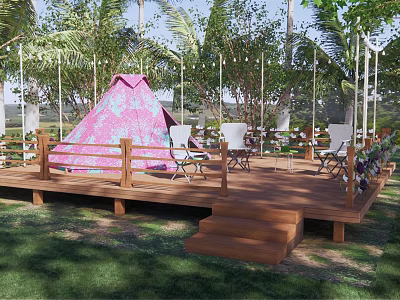 Garden Landscape Featuring Pink Tent Wooden Deck Chairs Trees And String Lights On Grass 3d model