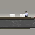 Modern Reception Desk With Marble Countertop Illuminated Base Rabbit Sculpture And Staff Member