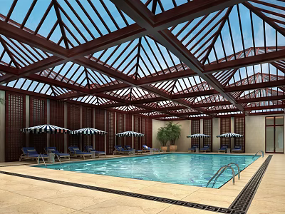 Indoor Swimming Pool Featuring Wooden Ceiling Glass Roof Blue Lounge Chairs Striped Umbrellas and Plants 3d model