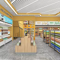 Supermarket Grocery Store with Fresh Fruits Bread Snacks Drinks and Cartoon Figure in Bright Interior