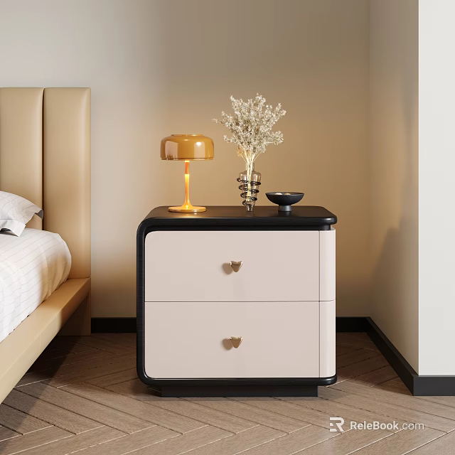 Stylish White Nightstand With Black Trim Golden Butterfly Handles Yellow Lamp And White Dried Flowers 3d model 
