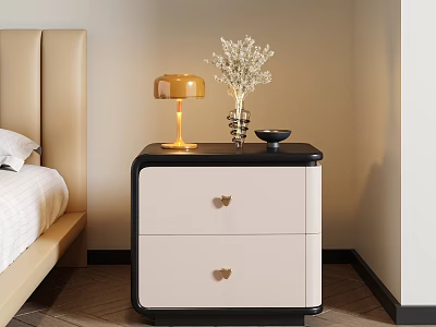 Stylish White Nightstand With Black Trim Golden Butterfly Handles Yellow Lamp And White Dried Flowers 3d model