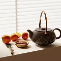 Black Teapot With Engraved Patterns And Persimmons On Window Blinds Background With Soft Light 3d model