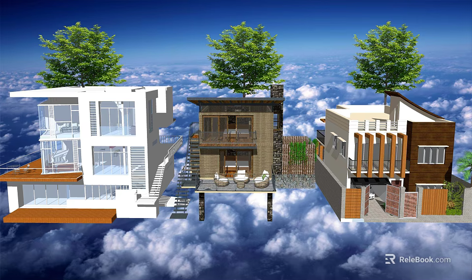 Modern Detached Villas With Different Styles Wooden Elements Glass Walls And Trees 3d model 