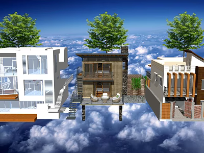 Modern Detached Villas With Different Styles Wooden Elements Glass Walls And Trees 3d model