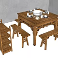 Traditional Chinese Wooden Dining Table Set With Bench Stools And Tea Set 3d model
