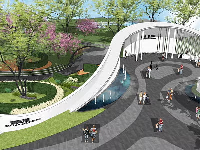 Modern Curved Entrance Gate With Trees Grass And Water Feature 3d model