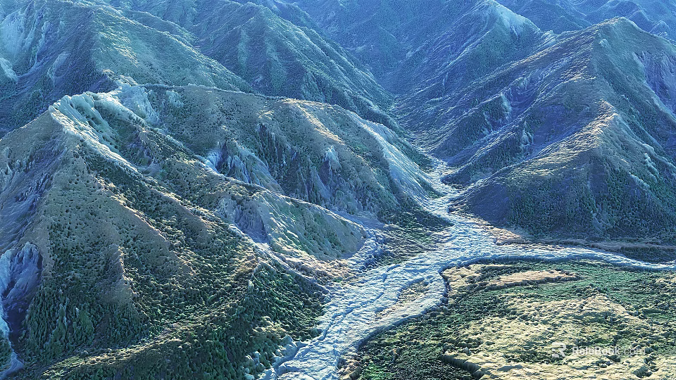 Natural Garden Landscape With Winding River And Mountain Slopes Covered In Green Vegetation 3d model 