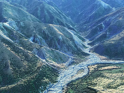 Natural Garden Landscape With Winding River And Mountain Slopes Covered In Green Vegetation 3d model