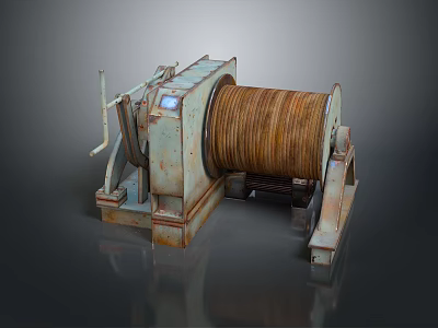 Old Rusty Mechanical Winch With Large Drum Handle And Control Panel 3d model