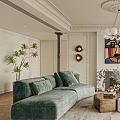 Elegant Modern Living Room Interior Design With Green Sofa Fireplace Abstract Painting And Chandelier