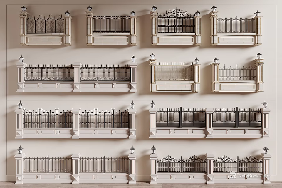 Various Decorative Iron Fence Designs With Ornate Railings And Different Style Posts 3d model 