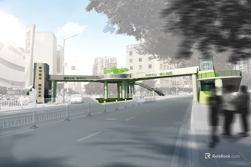 Modern Urban Pedestrian Bridge With Green Elements Over City Street And Surrounding Buildings 3d model 