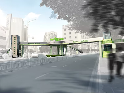 Modern Urban Pedestrian Bridge With Green Elements Over City Street And Surrounding Buildings 3d model