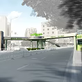 Modern Urban Pedestrian Bridge With Green Elements Over City Street And Surrounding Buildings