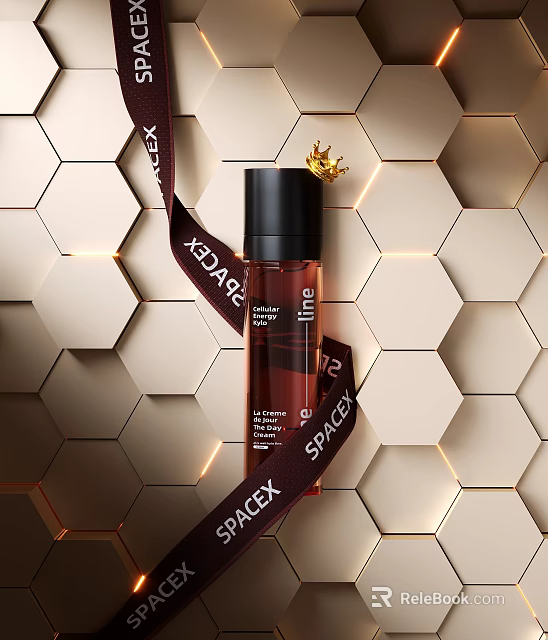 Luxury Facial Serum With Black Cap Gold Crown And Hexagonal Background Design 3d model 