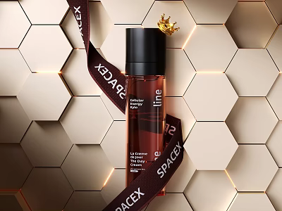 Luxury Facial Serum With Black Cap Gold Crown And Hexagonal Background Design 3d model