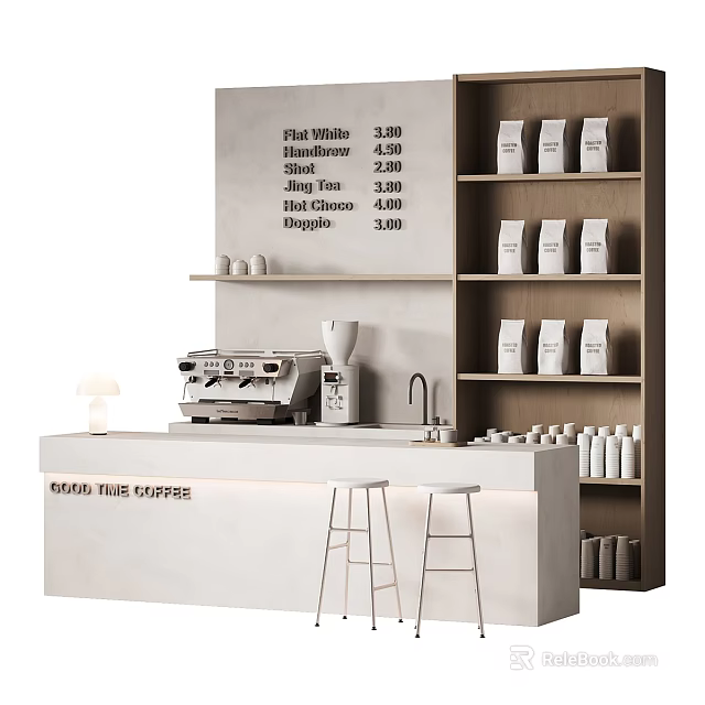 Cafe Interior With Counter Coffee Machine Stools Menu And Coffee Bean Bags On Shelves 3d model 