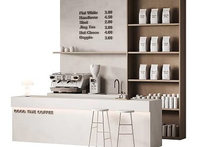 Cafe Interior With Counter Coffee Machine Stools Menu And Coffee Bean Bags On Shelves 3d model