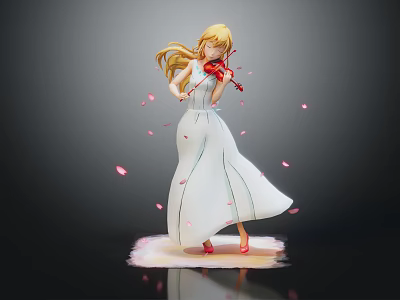 Game Movie Character Blonde Girl in White Dress Playing Violin with Pink Petals 3d model