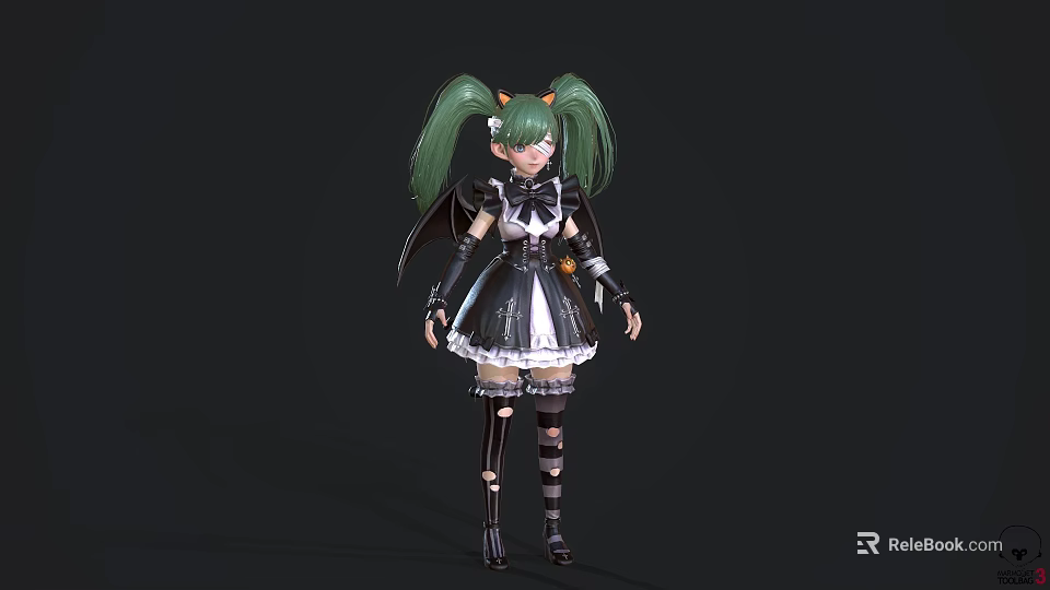 Woman With Green Twin Ponytails In Black And White Anime Outfit With Armored Details 3d model 