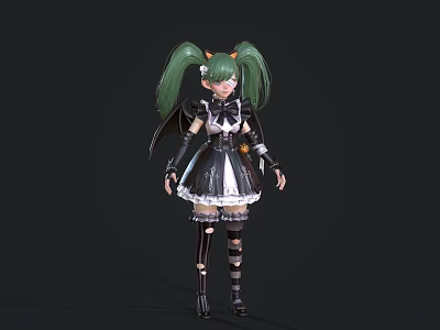 Woman With Green Twin Ponytails In Black And White Anime Outfit With Armored Details 3d model