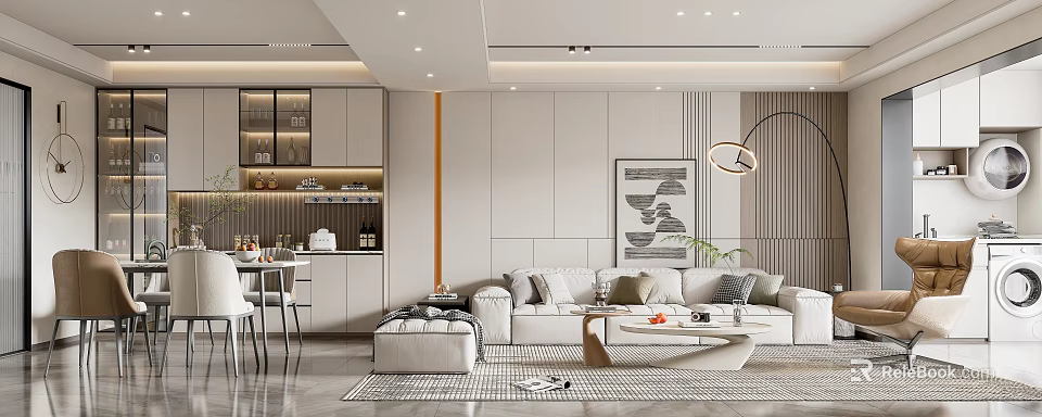 Modern Living And Dining Room Interior With Open Concept Sofa Coffee Table And Decorative Painting 3d model 
