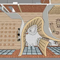 Modern Industrial Cafe Interior With Curved Wooden Structures Brick Walls And Open Layout