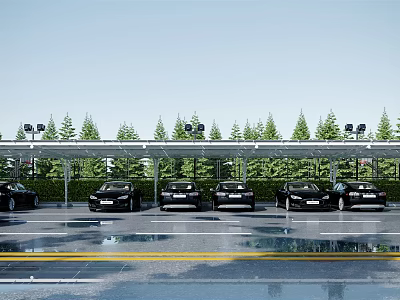 Modern Parking Lot Carport With Cars Parked Trees And Lights In Background 3d model