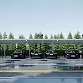 Modern Parking Lot Carport With Cars Parked Trees And Lights In Background