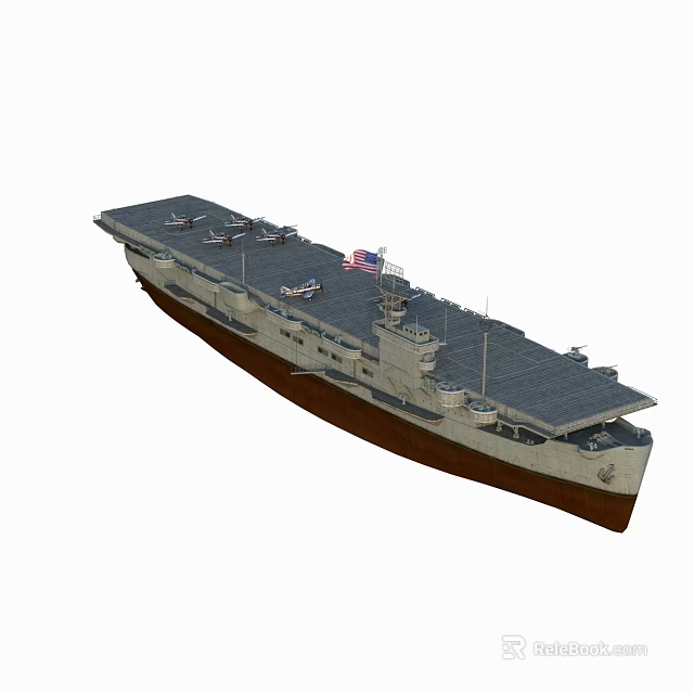 American Aircraft Carrier With Multiple Aircraft On Flight Deck And National Flag 3d model