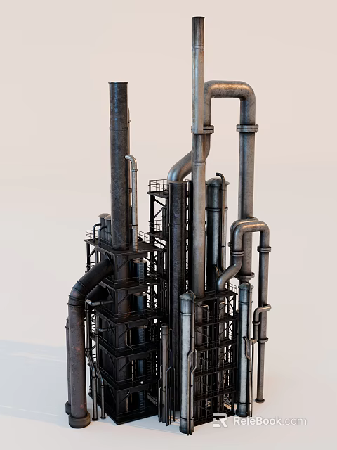 Industrial Equipment with Multiple Metal Pipes and Tall Tower Structures in Industrial Setup 3d model 