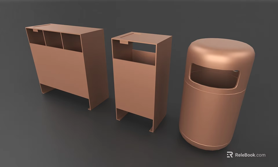 Copper Colored Public Trash Bins With Rectangular And Cylindrical Designs And Slot Structures 3d model 
