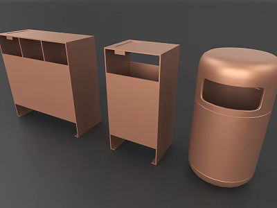 Copper Colored Public Trash Bins With Rectangular And Cylindrical Designs And Slot Structures 3d model
