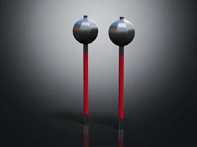 Two Black Spherical Top Red Pole Objects with Reflective Surface on Dark Background 3d model