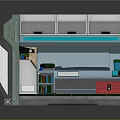 Compact Modern Living Space With Kitchen Bed Green Floor Bookshelf Red Box And Blue Lighting