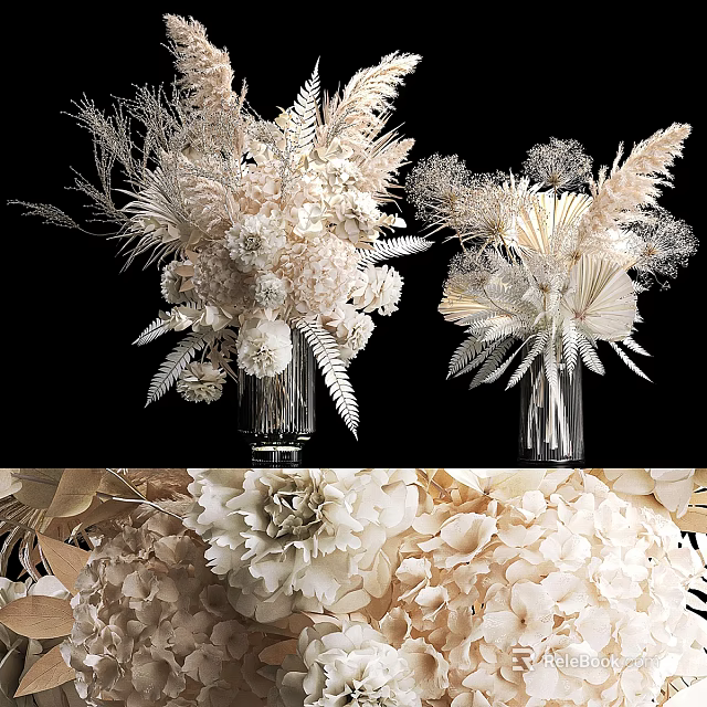 Elegant White Beige Floral Arrangement With Feathers In Glass Vase On Black Background 3d model 