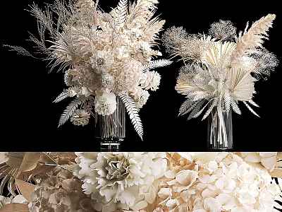 Elegant White Beige Floral Arrangement With Feathers In Glass Vase On Black Background 3d model