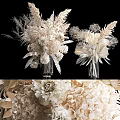 Elegant White Beige Floral Arrangement With Feathers In Glass Vase On Black Background