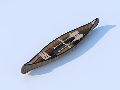 Traditional Handcrafted Wooden Canoe with Seats and Paddles on Calm Water 3d model