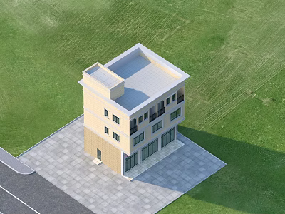 Two Story Beige And White Building With Large Glass Doors Gray Paved Front Green Grass 3d model